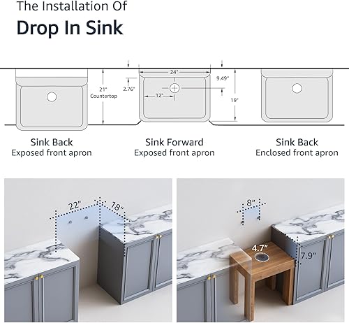 Miniatura 3 de ELLAI Fregadero de cerámica blanca de 24 pulgadas para montaje en pared, con respaldo alto, para lavadero de 10 galones, para lavandería, garaje,