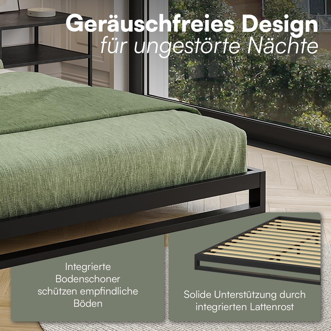 skølm Vidar Metallbett 140x200 cm – Bett aus Metall mit Lattenrost – stabiles Metall Bettgestell Schwarz – Bettrahmen geeignet als Doppelbett – Doppelbettgestell 15 cm hoch – Gästebett