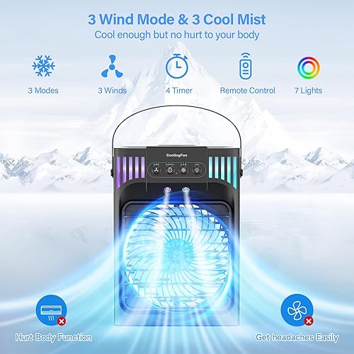 Miniatura 5 de Aire acondicionado portátil, ventilador de refrigeración de 40.6 fl oz con control remoto, 3 velocidades de viento y 7 luces LED, 3 niebla fría y
