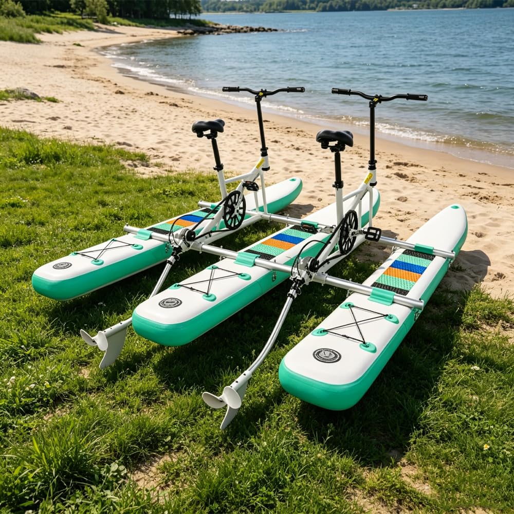 2 Person Inflatable Water Bike with 3 SUP Float Pontoons, 10.5ft Double Seater Water Bicy…