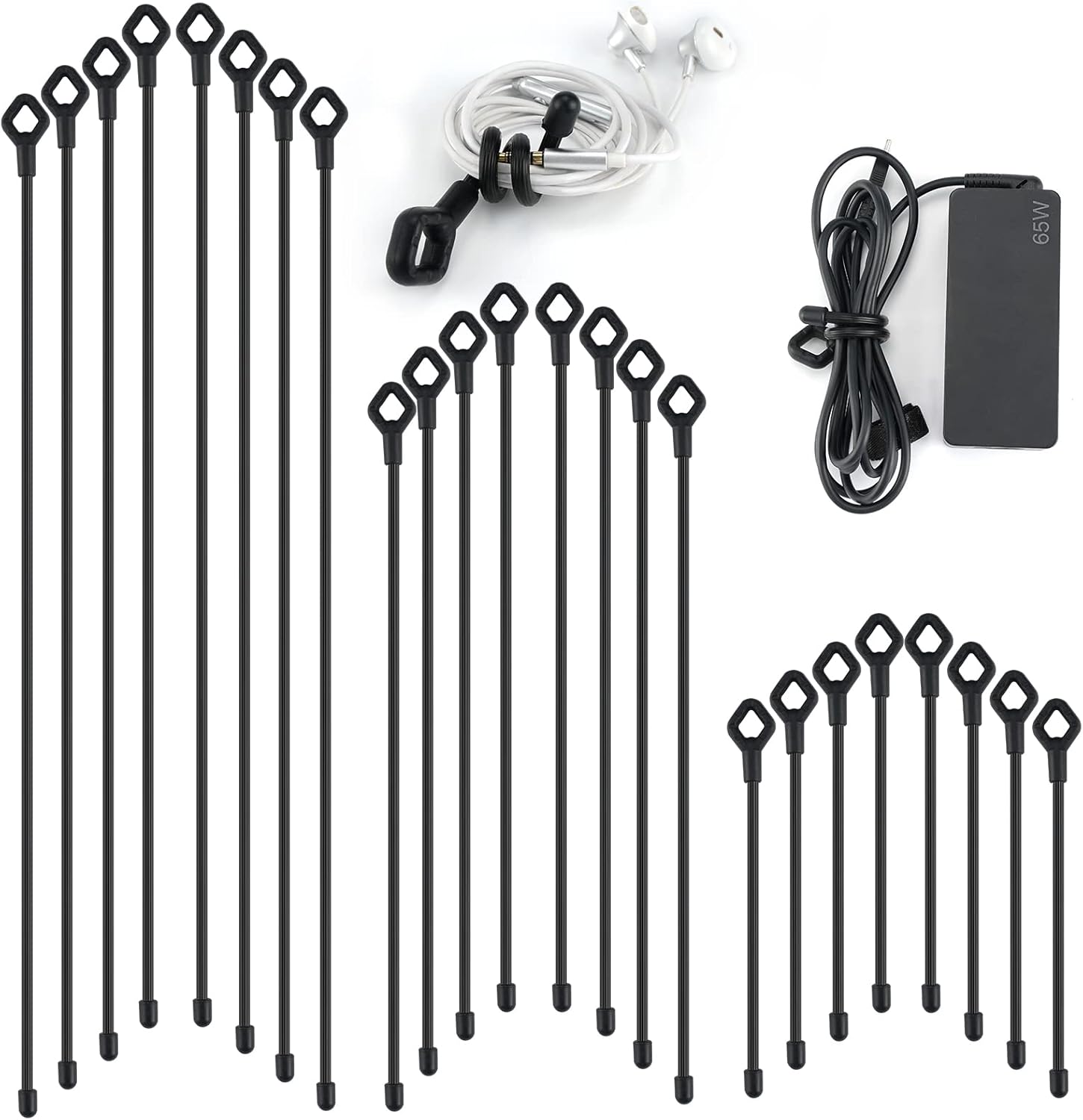 Generic 24PCS Black Silicone Cable Ties- Reusable Rubber Twist Ties Bendable Cable Ties for Bundling and Holding, All Purpose Cord Tie for Indoor and Outdoor（6inch, 12inch, 18inch）