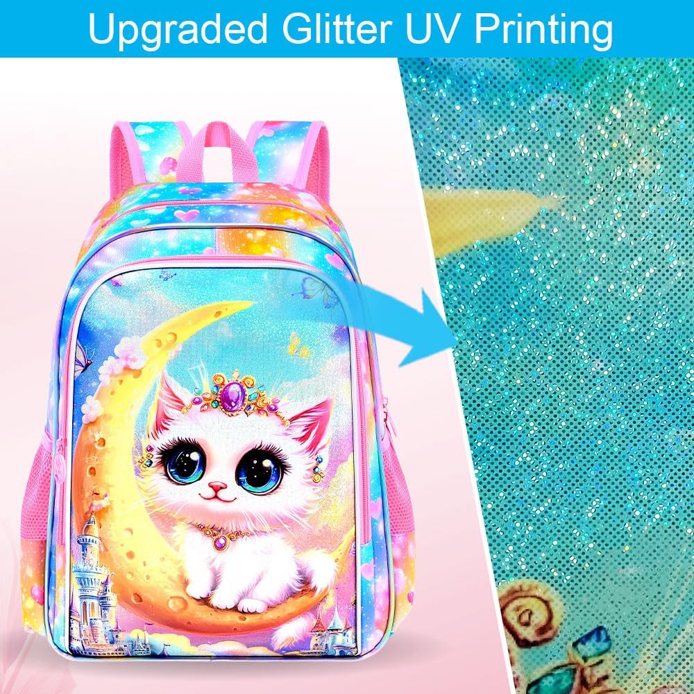 UFNDC 3PCS Girls Cat Bookbag Set, 16" Moon Backpack with Lunch Box, Water Resistant School Bag for Elementary Preschool