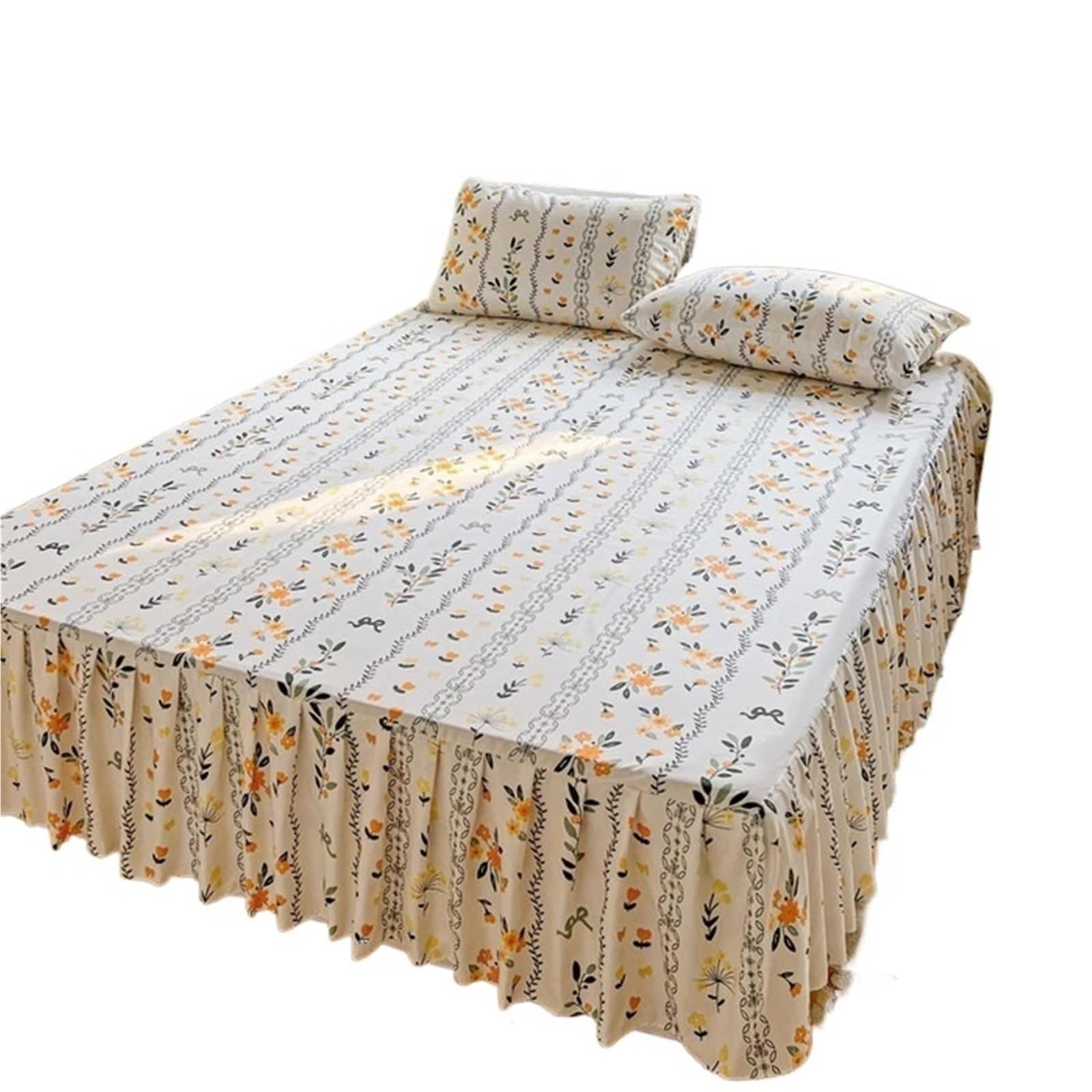 Ruffled Bedspread Printed Bed Skirt With Pillowcase Queen Size Cover Set Ruffles Mattress Protector Home Linen Soft Bedspread Jupe De Lit(L,SKing 200x220cm 3pcs)