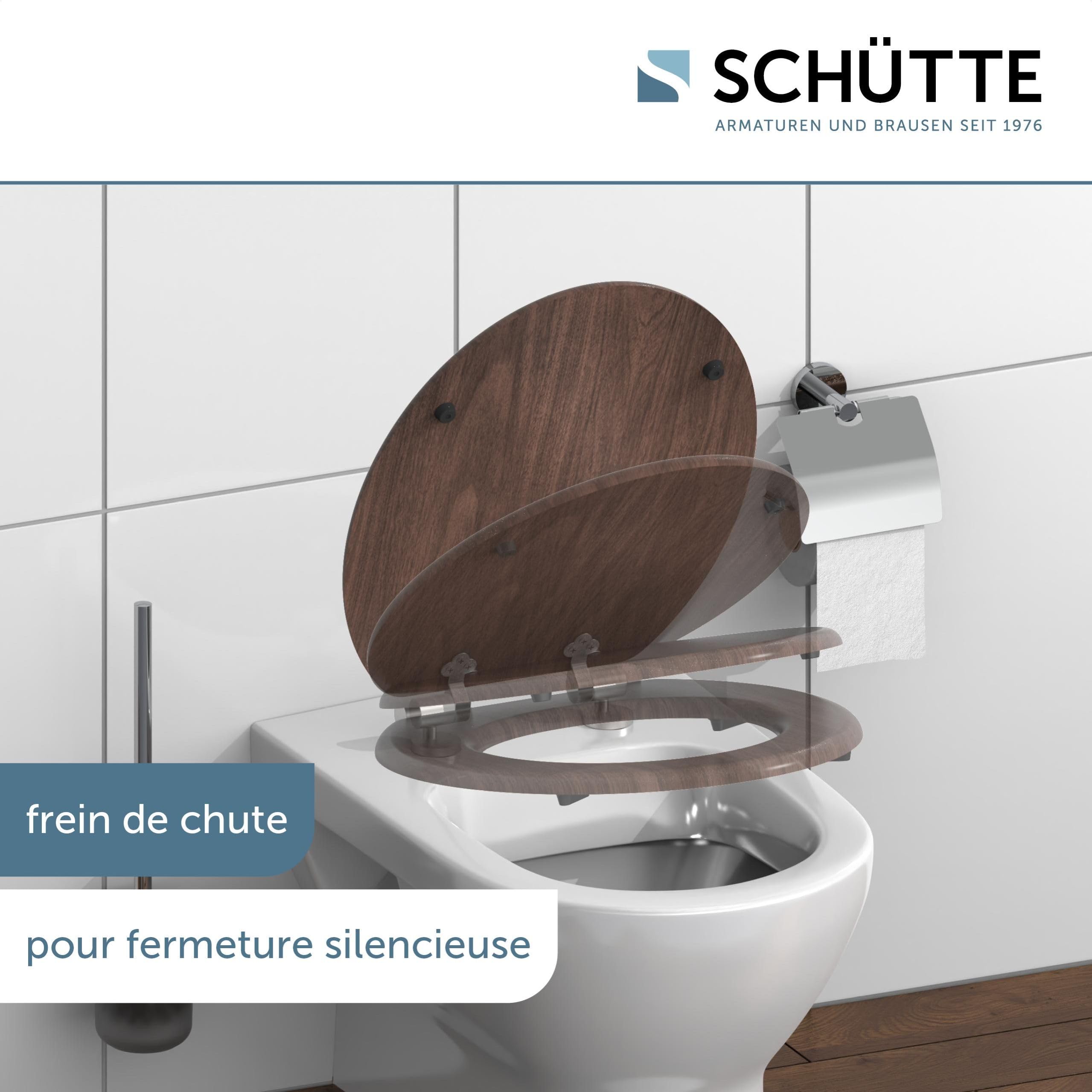 SCHÜTTE DARKWOOD Siège de WC avec abaissement automatique en bois, siège de toilettes avec abattant de toilettes avec motif (charge maximale de la lunette 150 kg), couleur bois