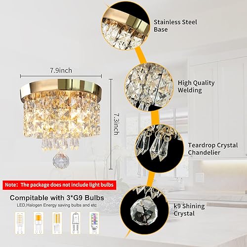 Miniatura 5 de Mini Crystal Chandelier Modern Chandelier Gold Crystal Ceiling Flush Mount Light Fixture Chandelier 8" x 7.4" Round Hanging Pendant Lamp for Dining