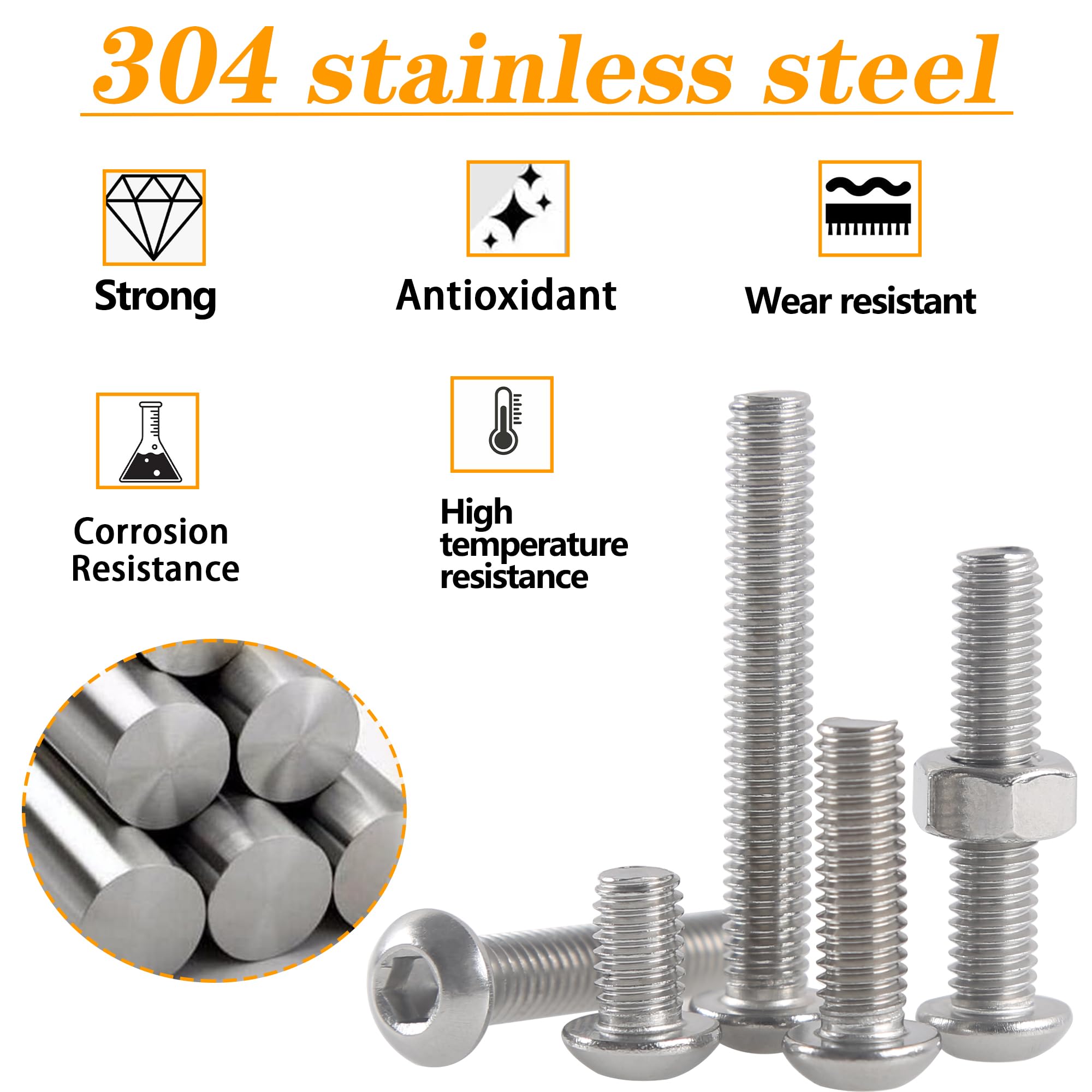 Rshuhx 300pcs Round head Bolts and Nuts and Washers Series set 304 Stainless steel M5 M6 M8 Hexagonal Cylindrical head Mechanical Bolts and nuts Classification box kit With hexagonal wrench - Image 4