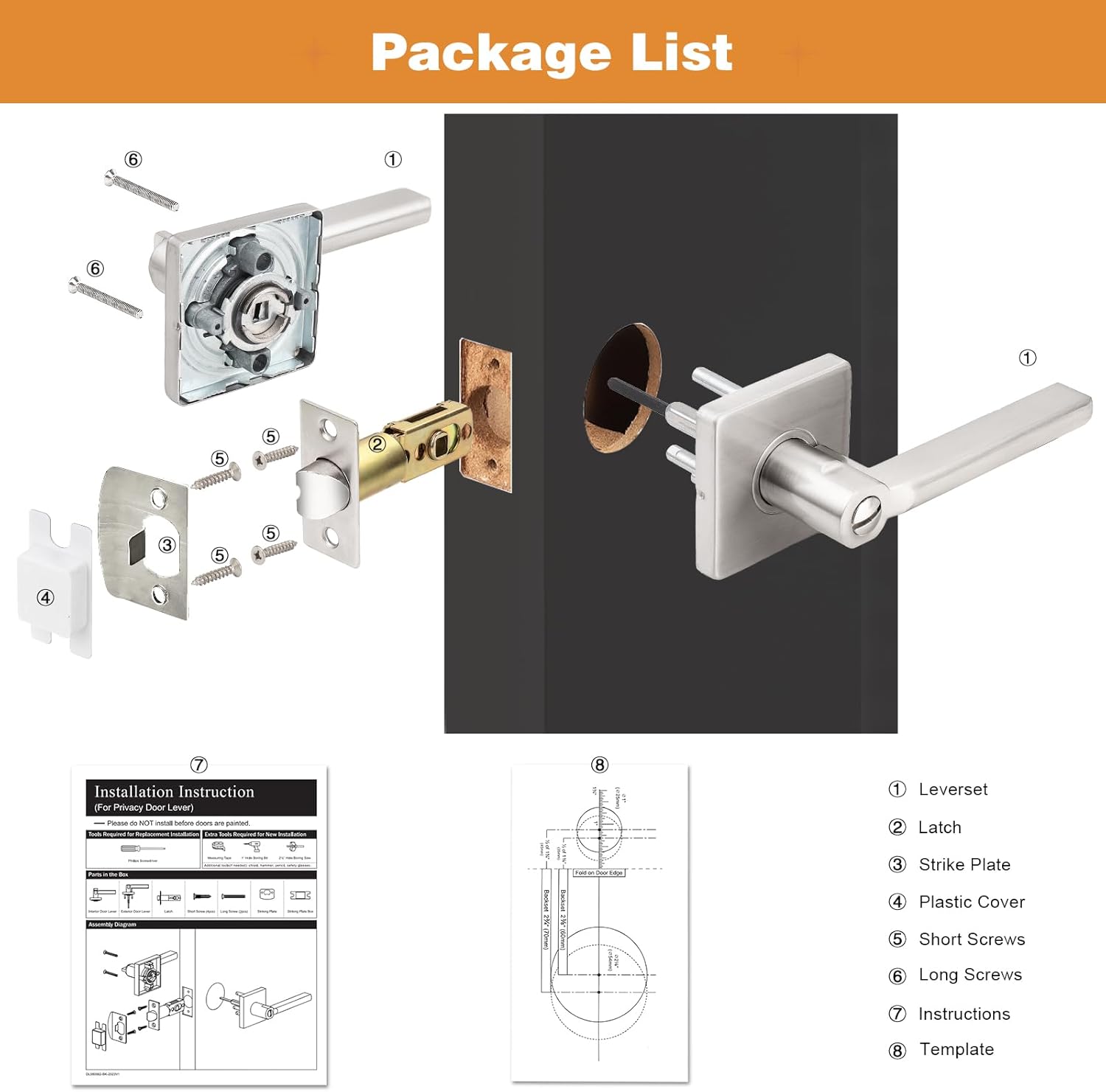 Probrico Satin Nickel Privacy Door Handle (2 Pack) and Passage Door Handle (2 Pack), Heavy Duty Reversible Door Knobs, Keyless Door Lever for Bedroom or Bathroom and Hallway Closet