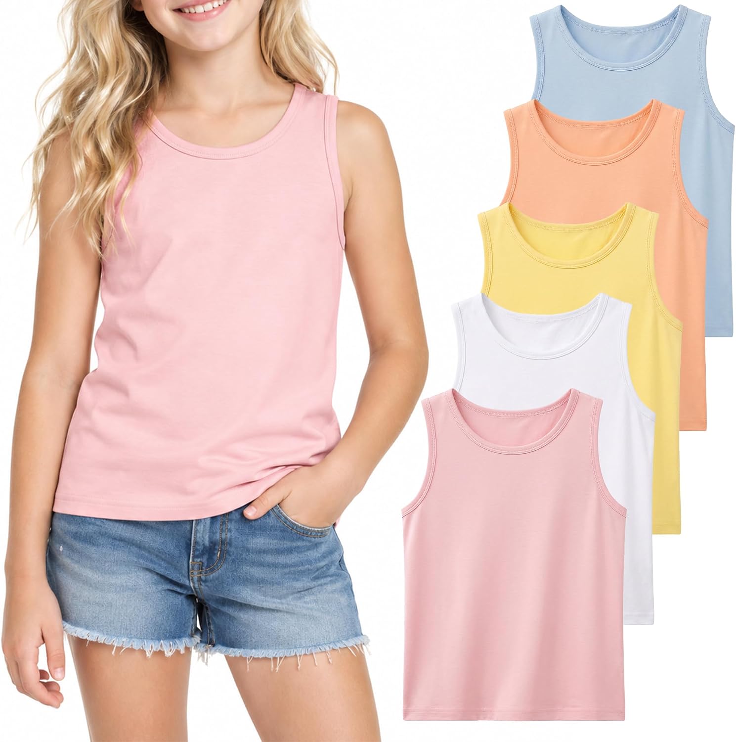 2-8 Years Little Girls Tank Tops 5 Pack Soft Breathable Modal Undershirts Sleeveless Layering Tops for Kids