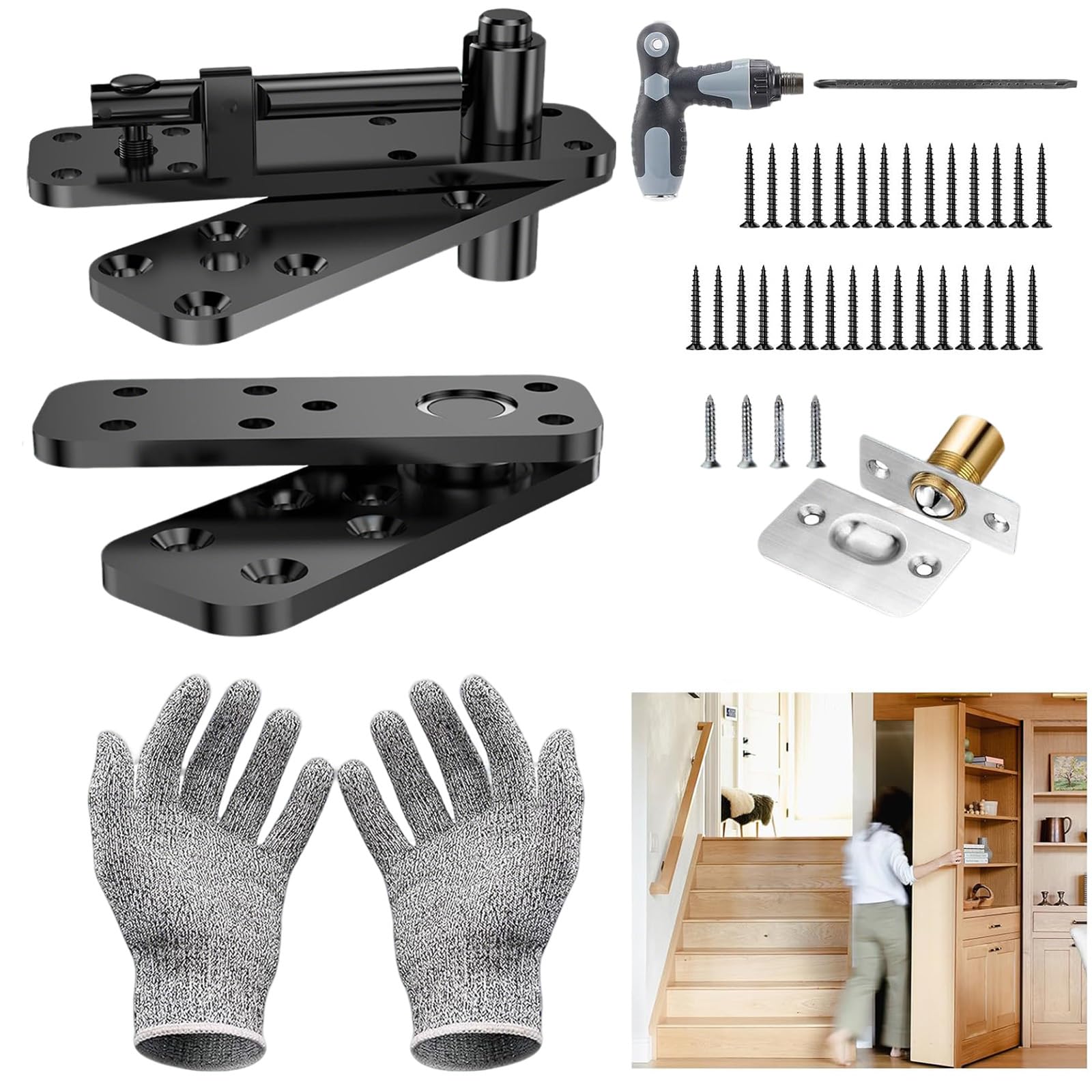 LZEXIN Hidden Pivot Hinge for Door, 570LBS Load-Bearing Heavy Duty Hardware for Bookcase, 360° Rotation Pivot Invisible Hinge Murphy Door Kit for Secret Doors Gate (Black)