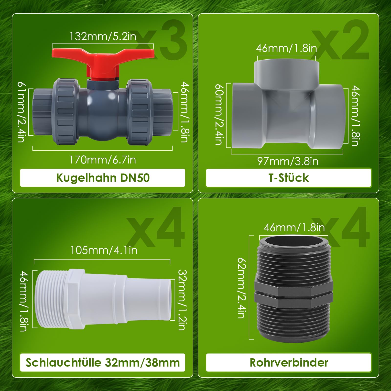 Bypass Pool Set, Ø 50 mm Wärmepumpe Pool Anschluss Set, Pool Bypass Set Wärmepumpe mit 32mm 38mm Schläuchen, Poolheizung Schwimmbecken Solar Heizung Pool Bypass, Bypass Set