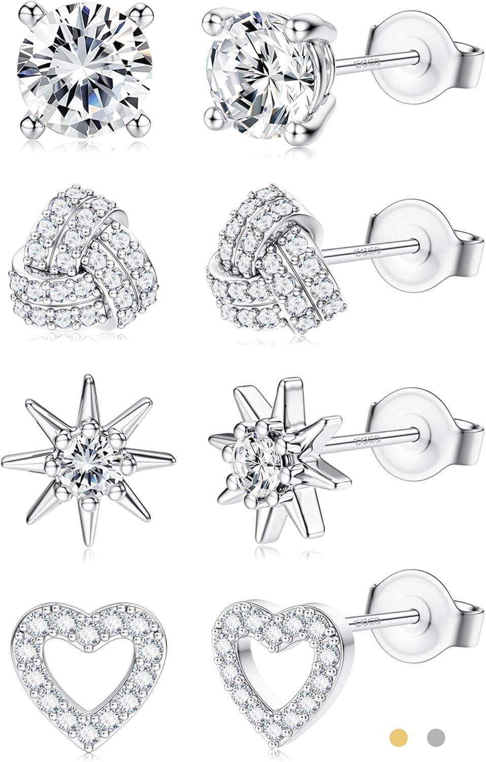 SAILIMUE Hypoallergenic Sterling Silver Stud Earrings for Women Men Brilliant Heart Knot Round Cubic Zirconia Earring Studs for Sensitive Ears Gold Silver Tone