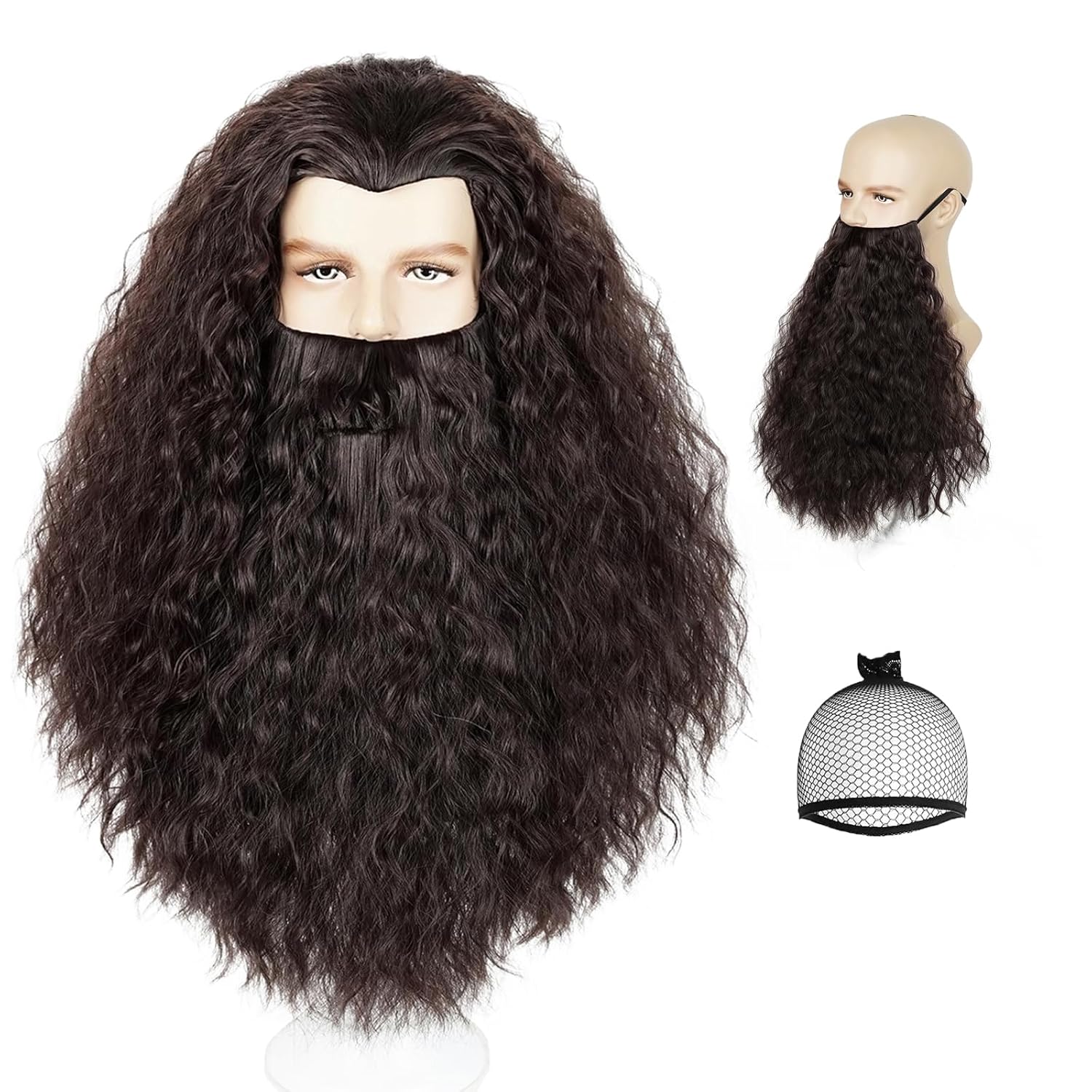 Probeauty Men's Brown Curly Wig and Beard Long Wavy Wigs with Mustache for Halloween Costume Cosplay Party - Image 9