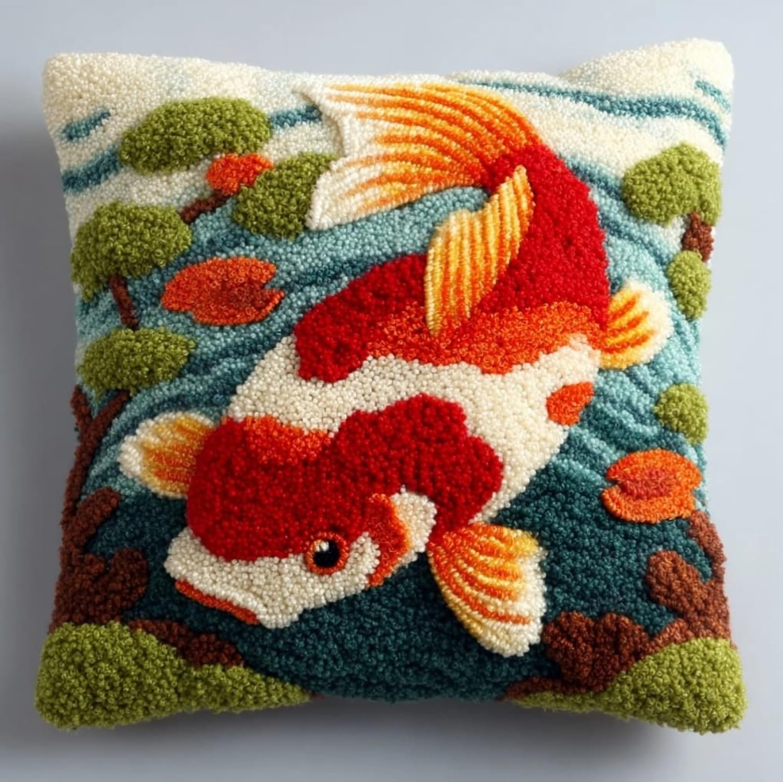 WallustrioaW Latch Hook Cushion Kit 43x43cm,Koi Fish