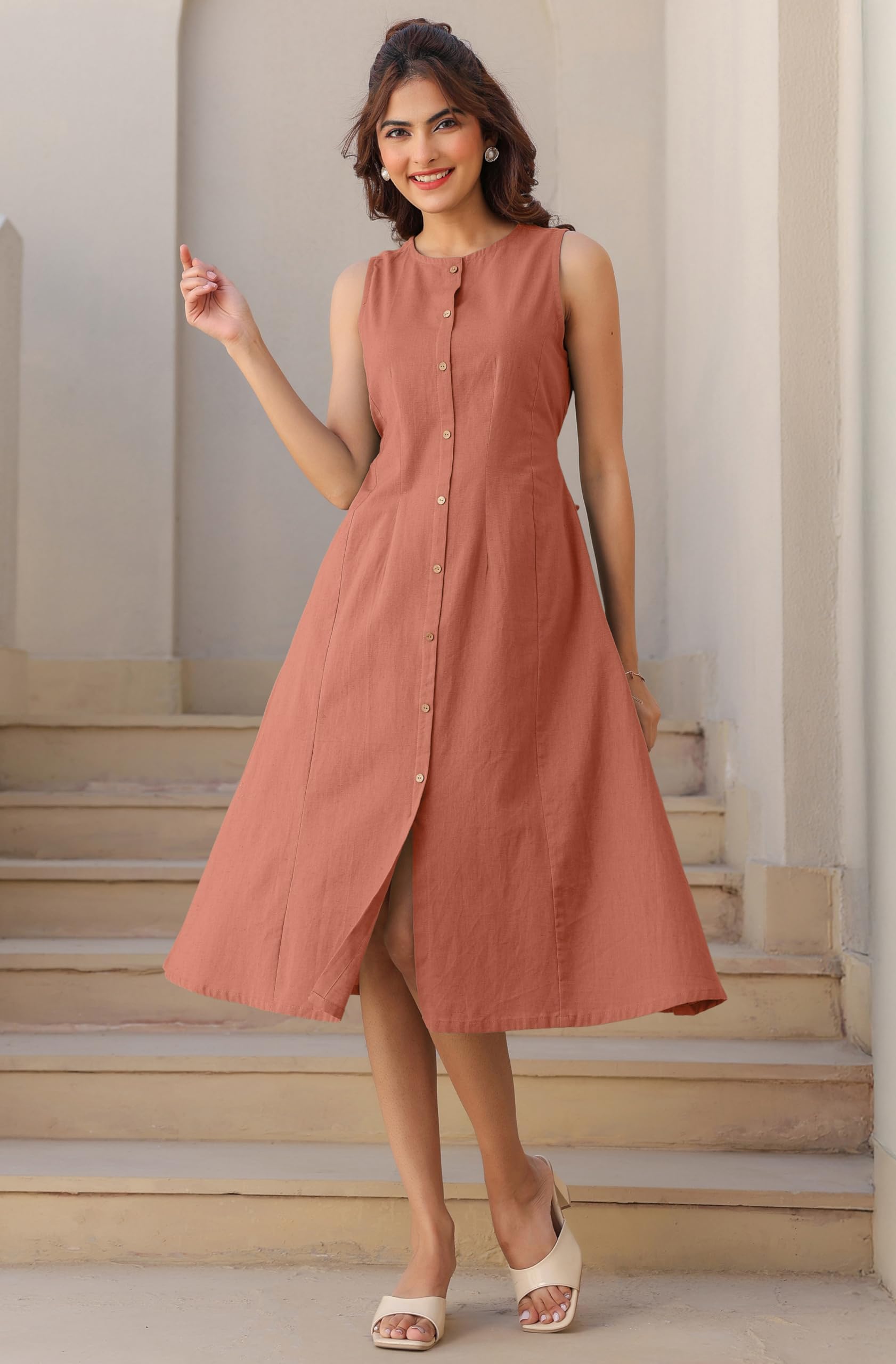 Janasya Women's Rust Linen Cotton Solid A-line Dress product image 2