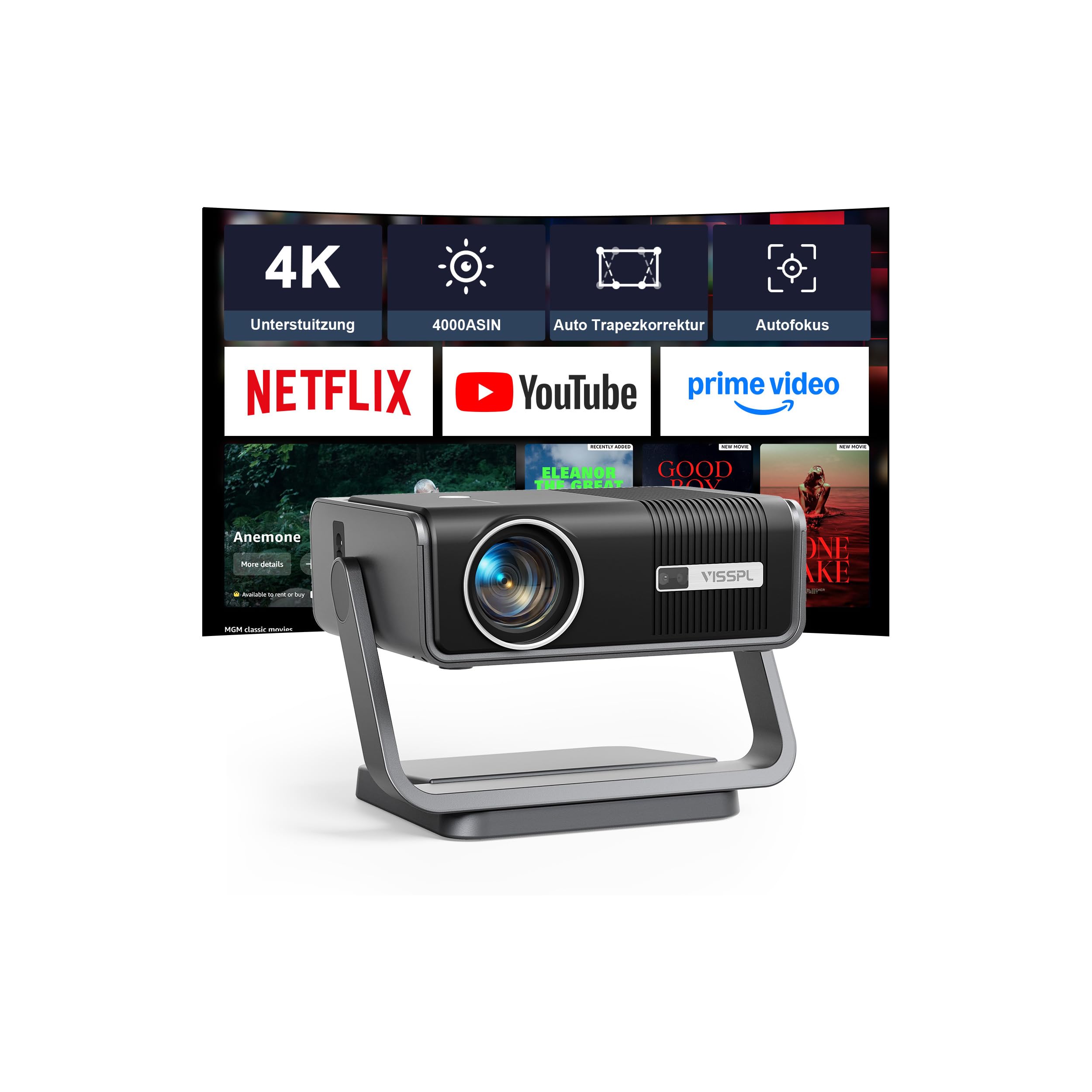 Proiettore smart 4K, app ufficiali e Dolby Audio: proiettore video LED 3500 ANSI, messa a fuoco automatica e correzione trapezoidale, VISSPL 1080P full HD, WiFi6, Bluetooth, home theatre / outdoor con
