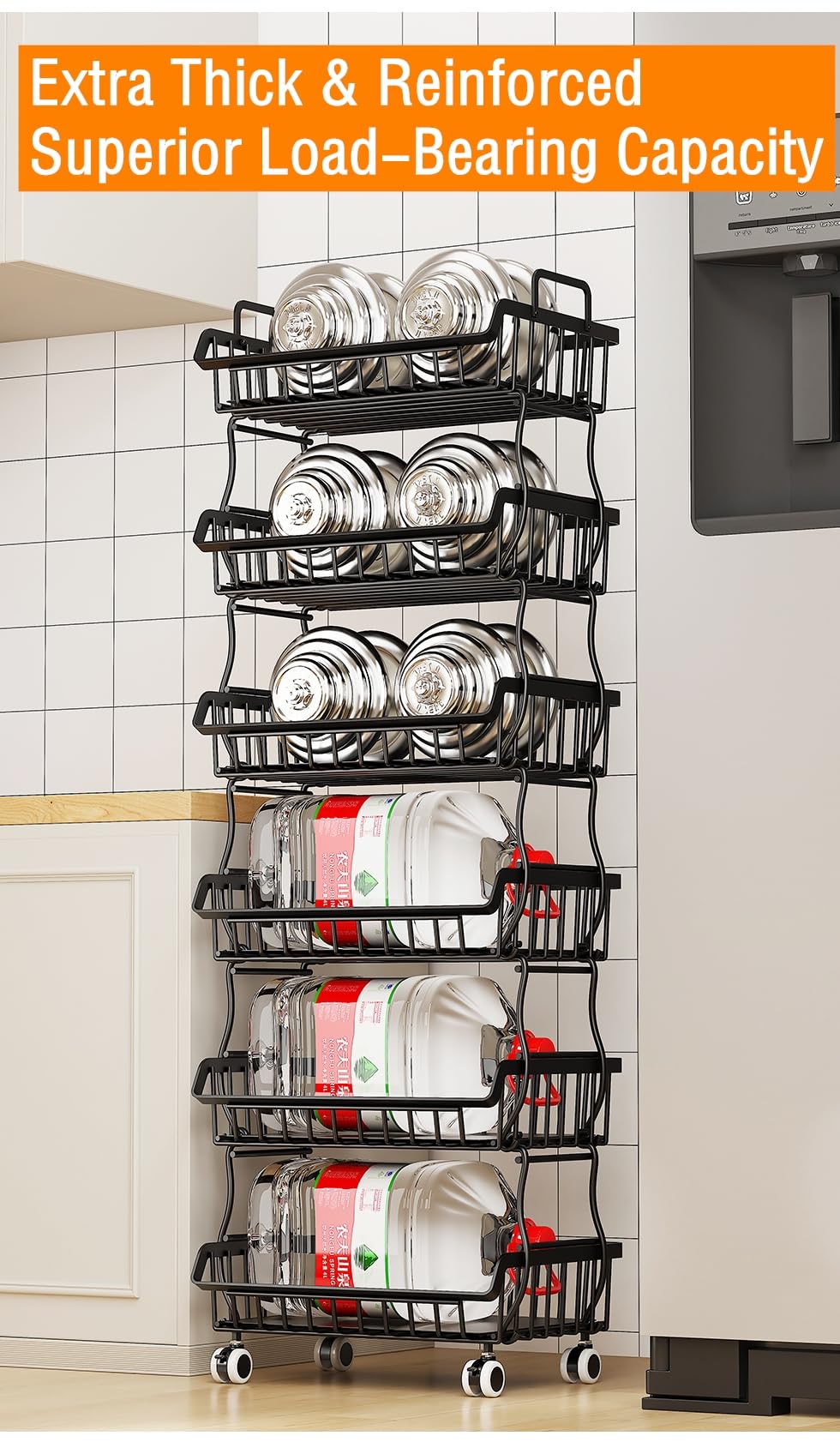 Cesta de alambre de metal enrollable con asa superior y ruedas, organizador apilable resistente, se puede separar para usar en cocina, baño, recámara