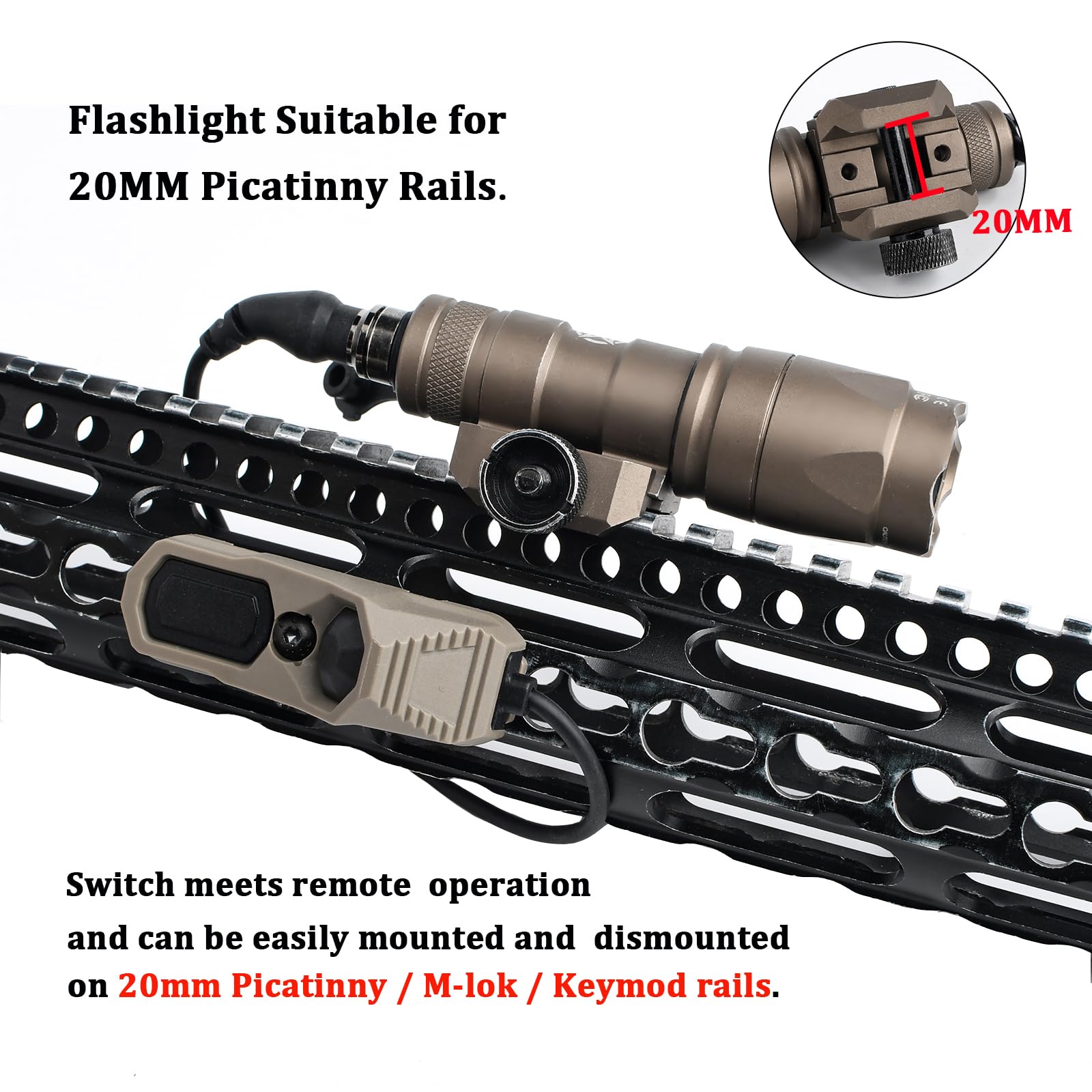 M300A Lampe de poche LED Torche tactique 600 Lumens,Lumière Scout légère pour mlok Keymod 20mm Picatinny Rail System (Marron)