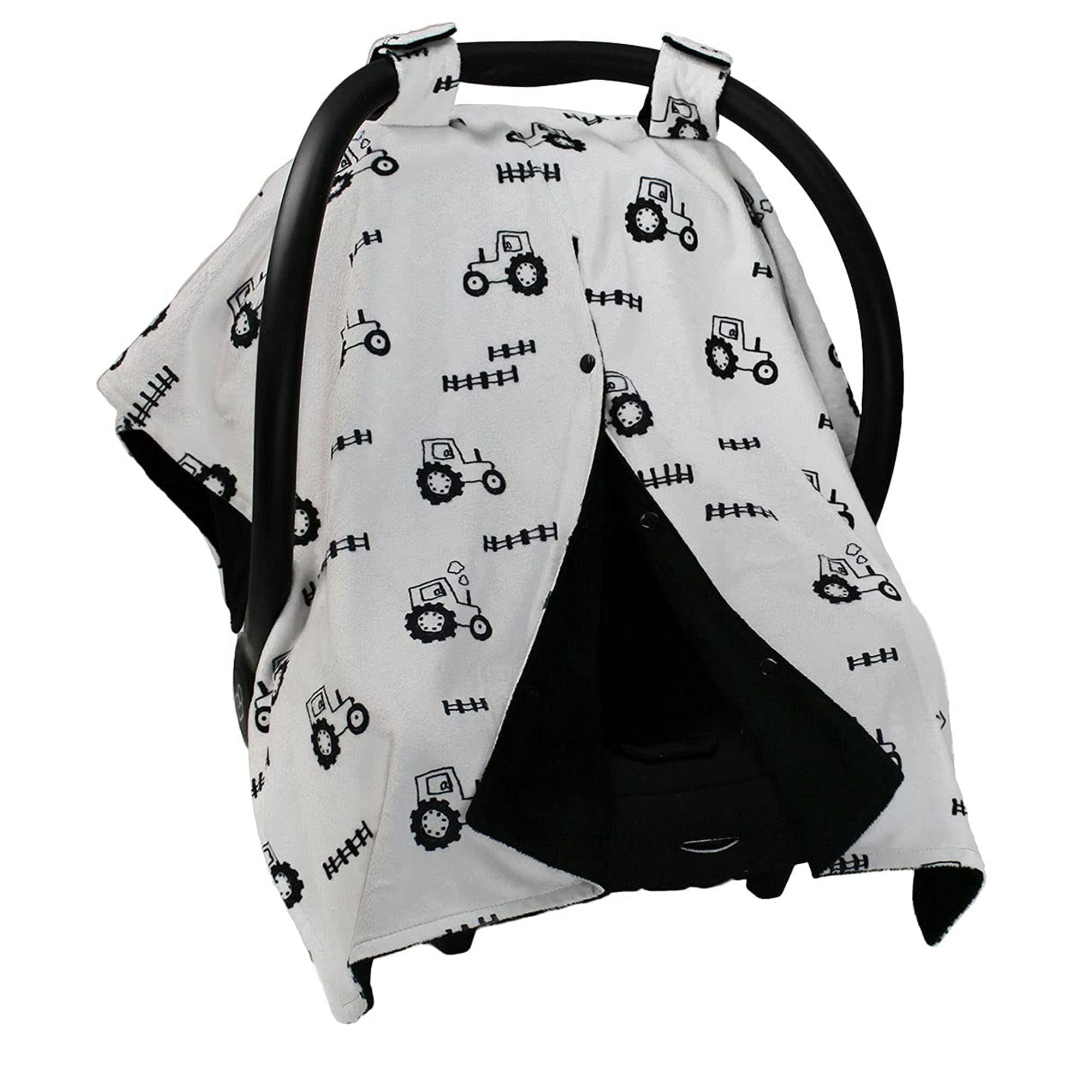 Dear Baby Gear - Baby Car Seat Canopy - Infant Car Seats Covers - Carseat Canopies for Boys and Girls - Toddler Carseat Cover with Snap Opening (Black and Gray Farm Tractors and Fence 40"x30")
