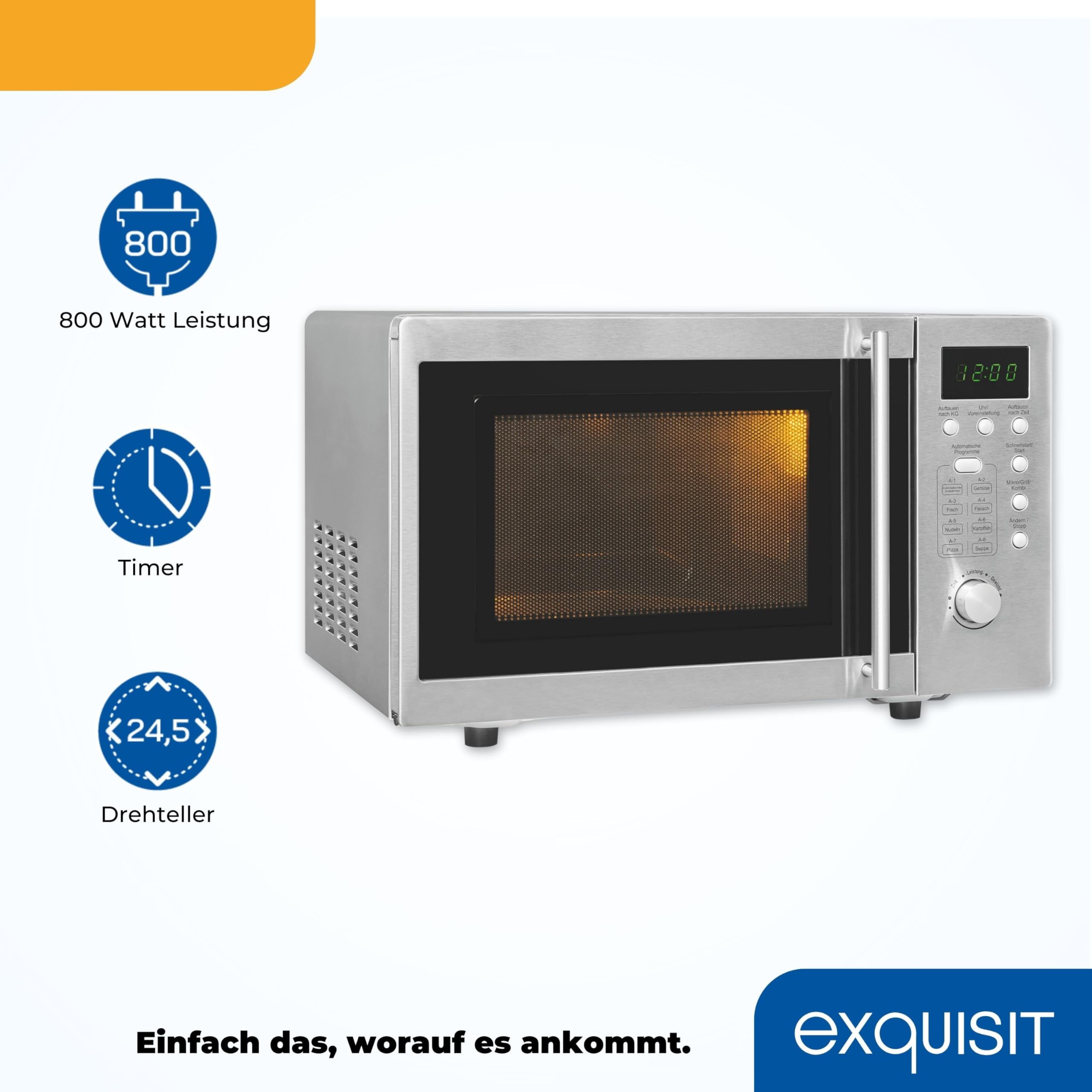 Exquisit Unterbau-Mikrowelle mit Grill - 800 W, 20 L, Inox | Mikrowelle unterbaufähig mit 1000-W-Grill, Kindersicherung, Schnellstart & Drehteller 245 mm