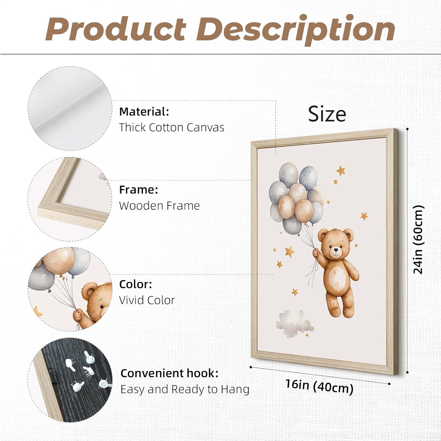 Teddy Bear Nursery Wall Art Decor Baby Boy Girl Room Poster Vintage Nursery Canvas Wall Decor Toddler Kids Room Pictures Cute Bear Neutral Artwork for Bedroom Playroom 16x24 Framed Set of 3