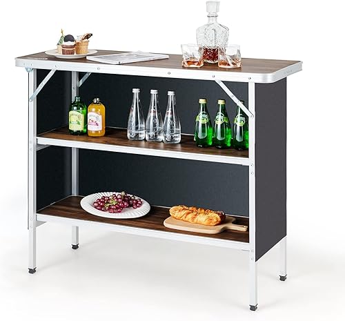 HAPPYGRILL Mesa de campamento plegable con almacenamiento, mesa de picnic de aluminio con estantes de 2 niveles, mesa grande, bolsa de transporte,