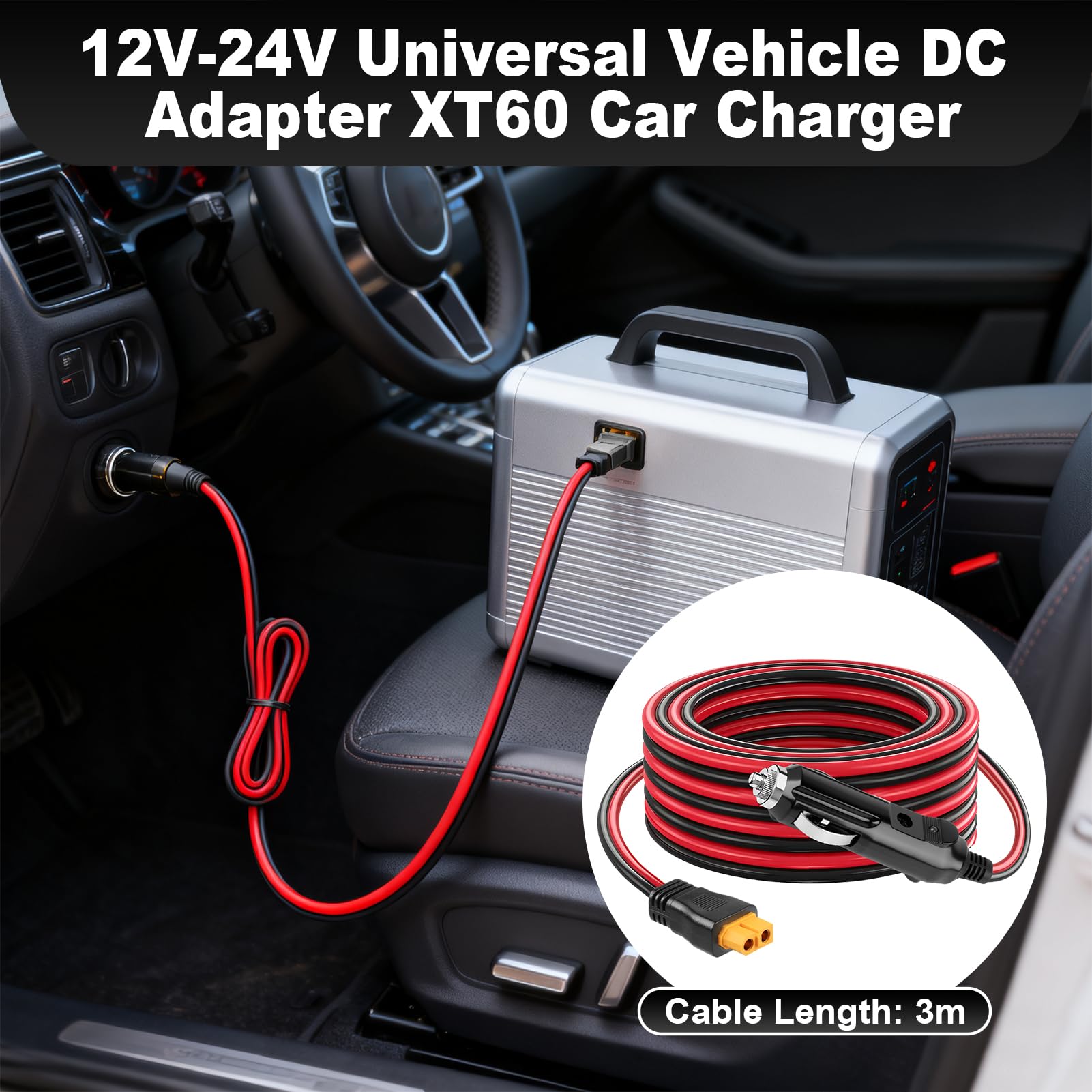Cavo da accendisigari da 12 V/24 V a XT60, adattatore CC XT60 da 3 m, 16 AWG, caricabatteria da auto per BLUETTI Power Station EB55/AC2A/AC70, Anker 757/767, SOLIX C200 C300, generatore solare ECOFLOW
