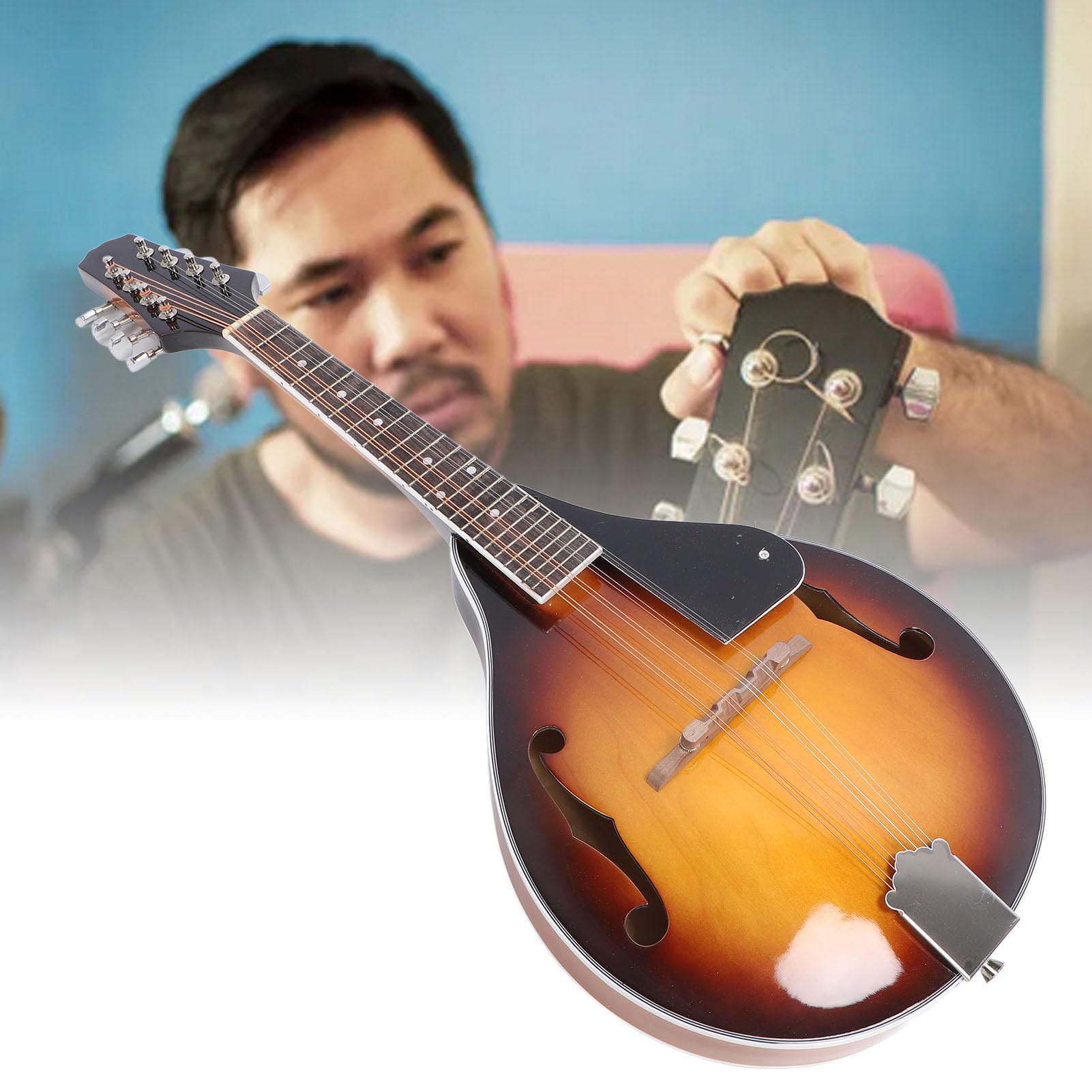 Mandolina Estilo A, Mandolina Acústica Sunburst con Cuerpo de Palisandro de Tilo, Traste Suave de Cuello Ergonómico, para Principiantes Diestros, con Púas de Bolsa, Paño de