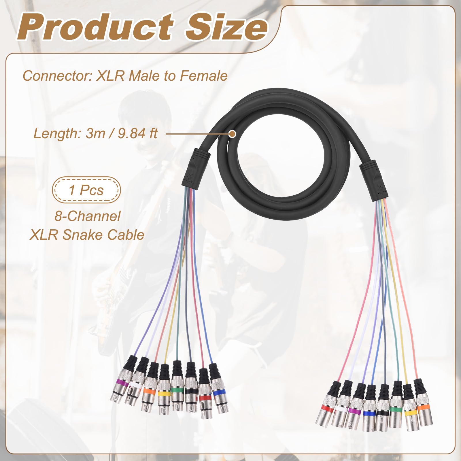 sourcing map Cavo a serpente a 8 canali, da XLR maschio a XLR femmina, 25 AWG, connettore mono bilanciato, splitter digitale per apparecchiature microfoniche di registrazione in studio