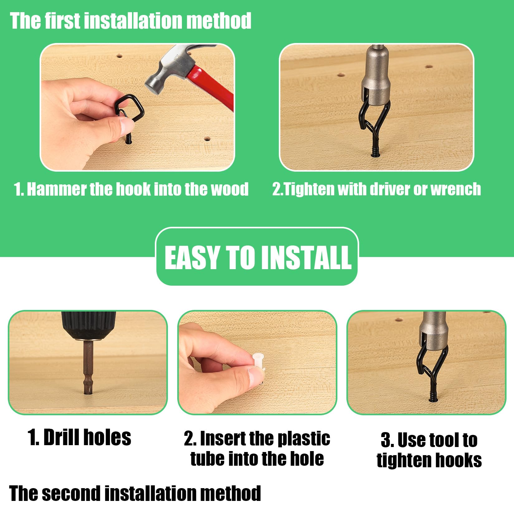 32 Pz Ganci a Vite per Legno Neri, Ganci da Avvitare con Blocco di Sicurezza, Gancio a Vite, Gancio da Soffitto per Appendere Piante Lucine (2 Modelli, con Trapano)