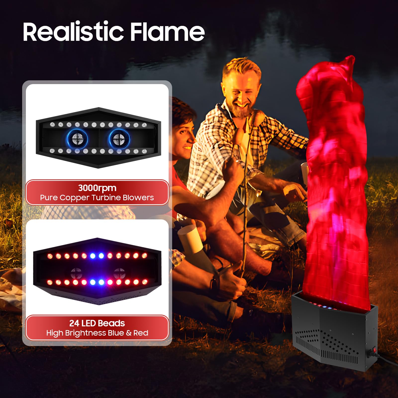 FXEIPOL 36 LED Fake Fire Flames Effect Light 100W 110V Artificial Fire Lamp Simulated Flame with Two Pure Copper Turbine Blowers Atmosphere Effect Fake Fire for Disco, Dance Hall