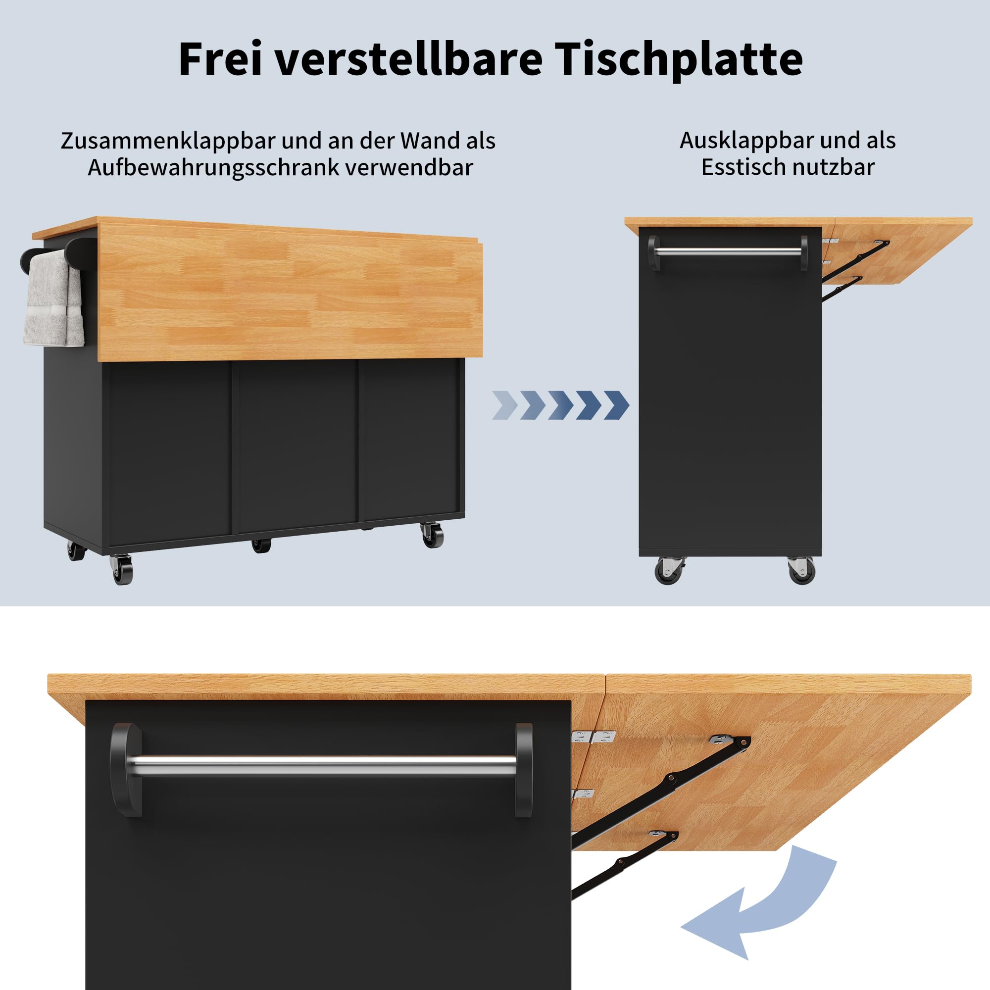Kücheninsel, Moderne Küchenschrank, Ausziehbarer Küchenwagen mit Rollen und Arbeitsplatte, Servierwagen mit Gewürzregal und 8 Schubladen (Schwarz)