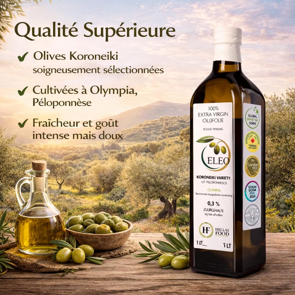 ELEO Olympia - Huile d’Olive 1L Bouteille Extra Viege - Pressée à Froid - 100% Olives Grecques Koroneiki - Qualité Supérieure - Riche en Antioxydants - Lauréat de Médailles Internationales