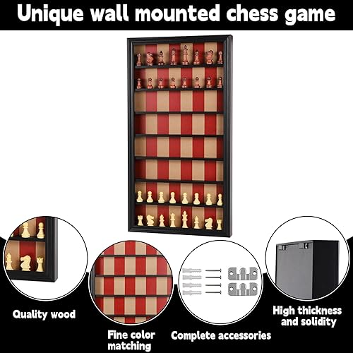 Miniatura 3 de Juego de mesa gigante montado en la pared, juego de ajedrez de madera con un juego completo de piezas de ajedrez talladas, gabinete vertical para