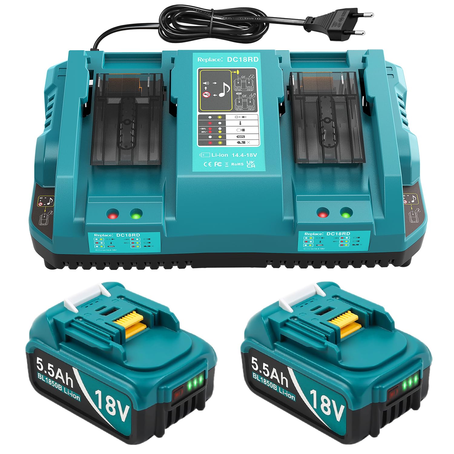 DC18RD Ladegeräte und 2 Stücke 5.5Ah Ersatzakkus für Makita 18V Akkus, Kompatibel mit BL1815 BL1830 BL1840 BL1850 BL1860 BL1890 BL1415 BL1430 BL1440