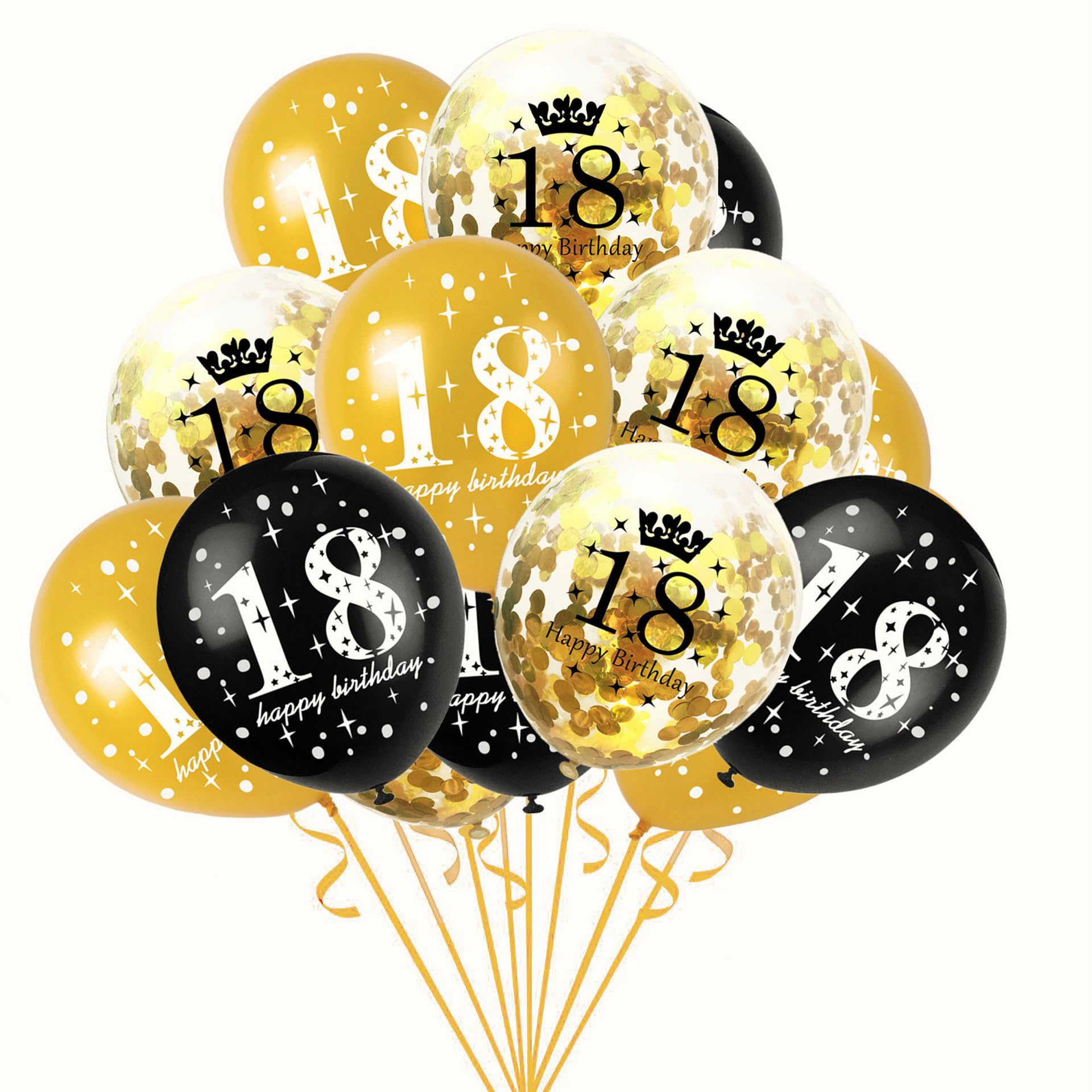 18th Birthday Balloons - 15 Pack Black Gold Balloon Set for Adult with Happy Birthday 18 & Crown Design, Latex Helium & Air-Filled Balloons for Party Decorations