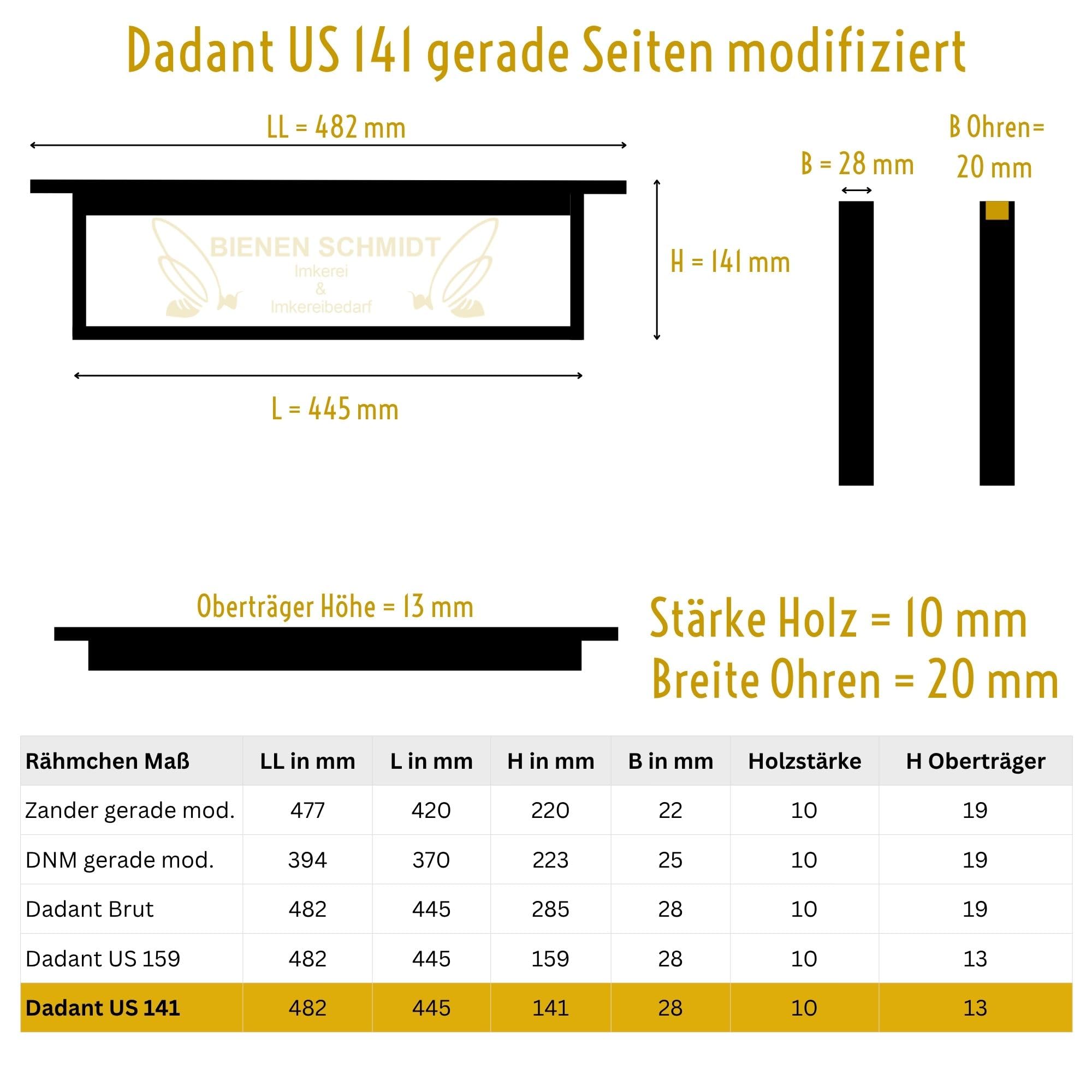 136x DADANT Rähmchen US Honig 141 mit GERADEN Seiten 482 x 141 mm modifiziert