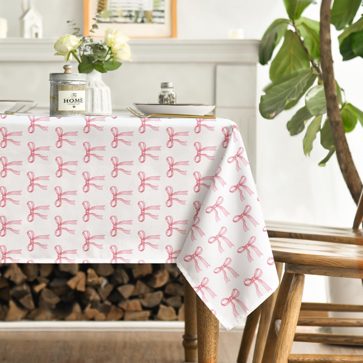 Horaldaily Pink Bow Tablecloth, 60×120 Inch Rectangular, Bow Pattern Birthday Decorations, Seasonal Washable Table Cover for Girls Birthday Wedding Party Supplies