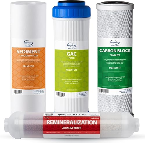 iSpring F4AK - Juego de cartuchos de filtro de suministro alcalino y prefiltro de 6 meses para sistemas de ósmosis inversa estándar de 5 y 6 etapas