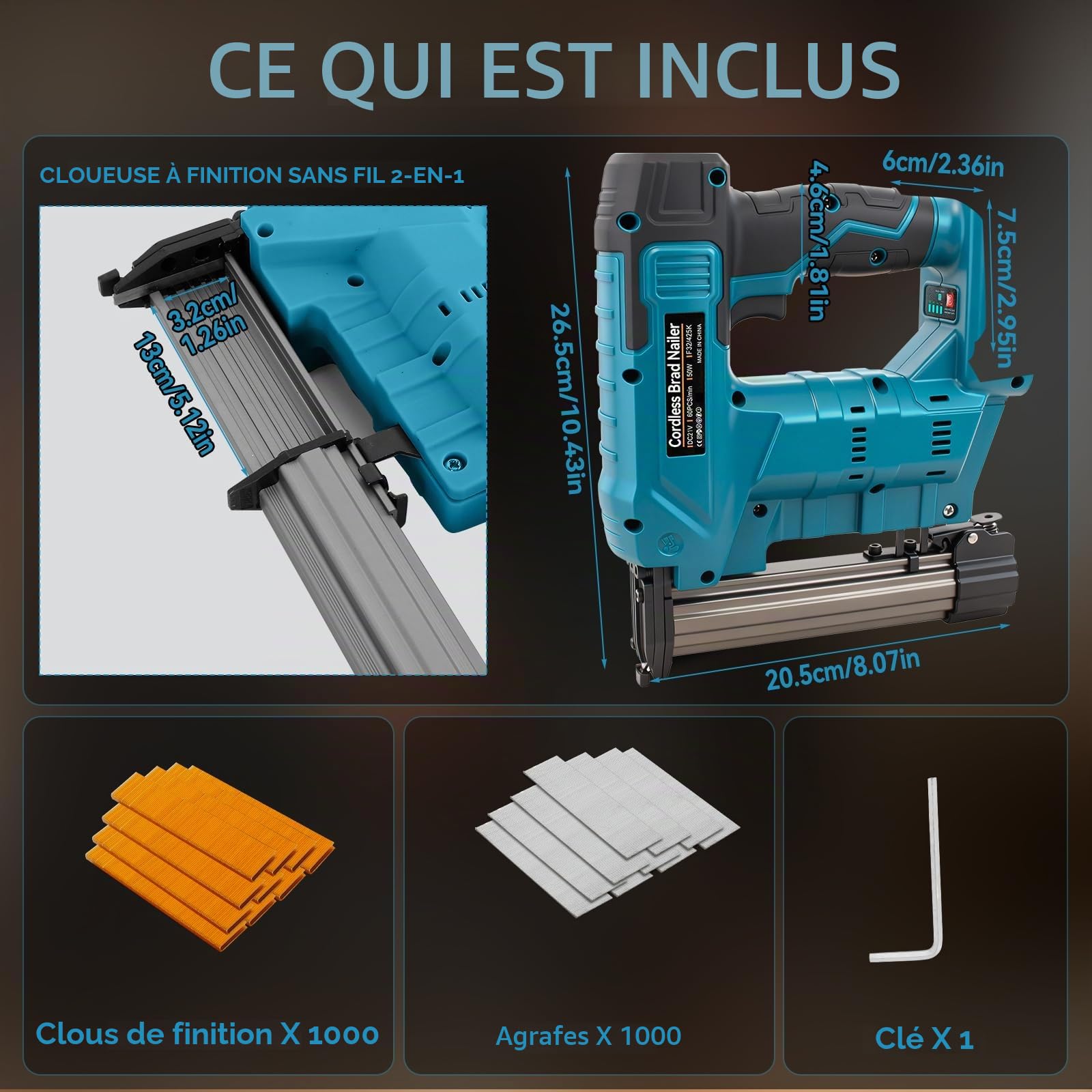 Agrafeuse-cloueuse améliorée 18GA à batterie, compatible avec batterie Makita 18V, agrafeuse-cloueuse électrique sans balais avec 1000 clous et 1000 agrafes pour le bricolage, DIY et travail du bois