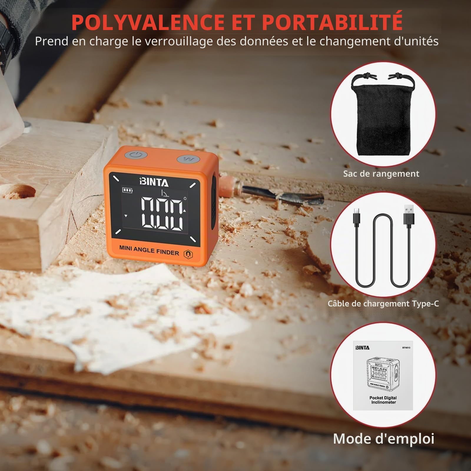 BINTA Inclinomètre Numérique Mini 4 x 90° ±0,2°, Mesureur d’Angle Digital 0,05° Résolution, Base Magnétique Rechargeable USB Type-C IP54, Mesure Relative/Absolue, pour Menuiserie et Chantier