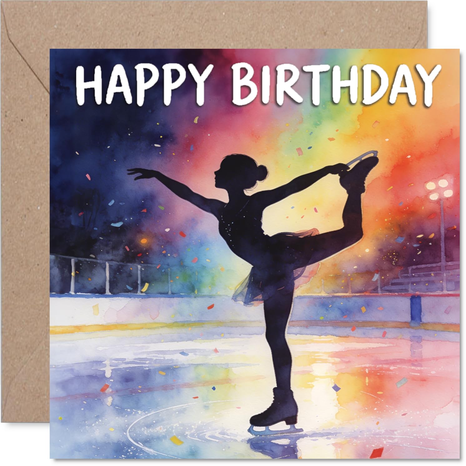 Playful Birthday Card - Celebrate in Style - Vibrant Ice Skating Silhouette on a Multicoloured Backdrop - 145mm Square, Envelope Included