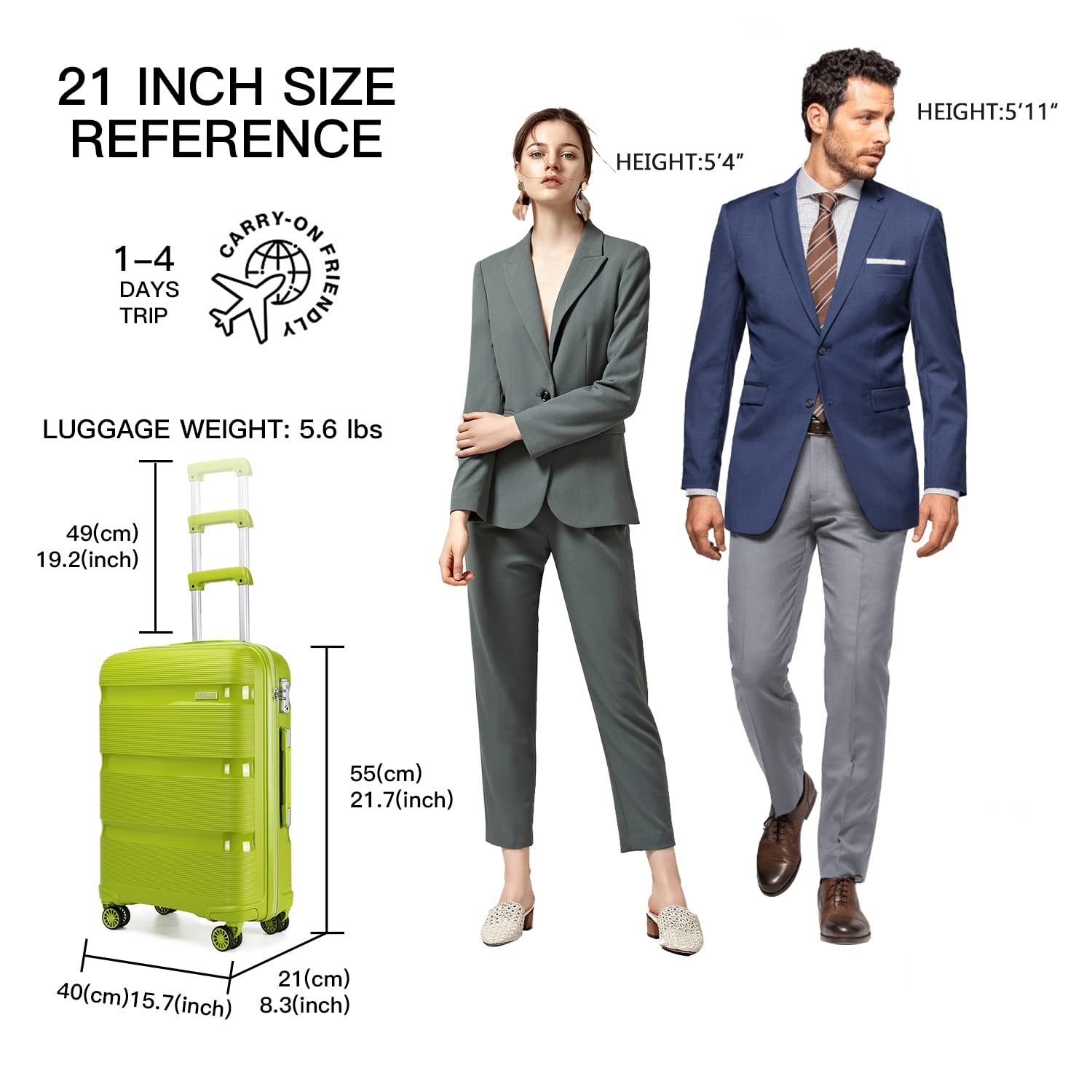 KONO Valigia Trolley Rigida Bagaglio a Mano 55cm Leggero in Polipropilene Valige con 4 Ruote e TSA Lucchetto, Verde