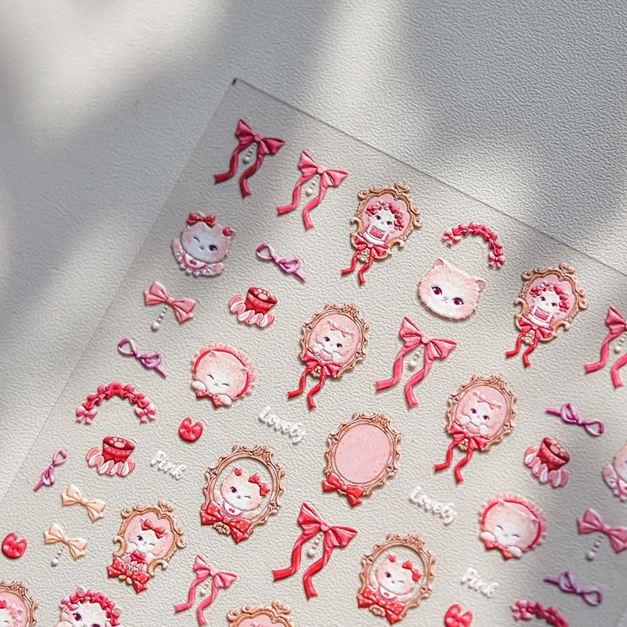 Image of Cat Nail Stickers Pink Bow Nail Decals Retro Portrait Self-Adhesive Nail Art Decals Cute Style 5D Embossed Self Adhesive Manicure Decorations for Women Manicure Salon DIY Design