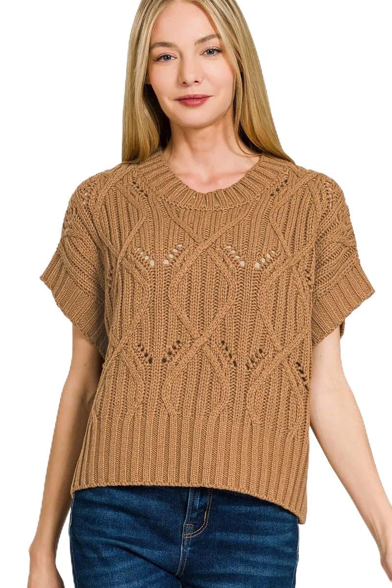 Zenana Cable Knit Short Sleeve Sweater DEEP Camel S
