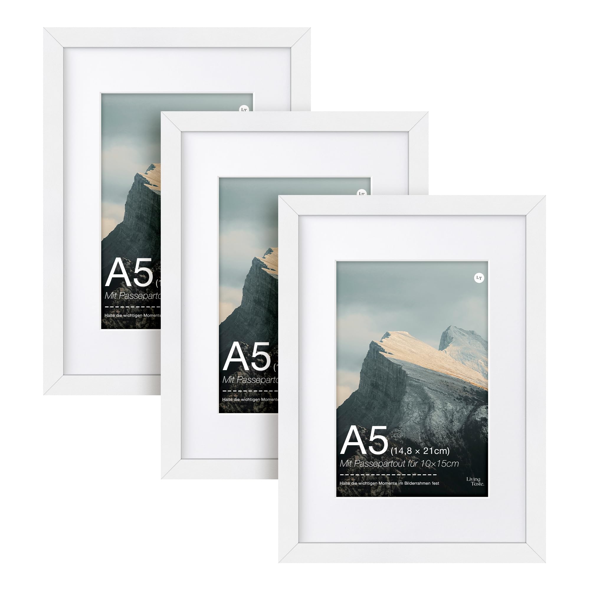 LIVINGTASTE 3 Pack Weiß Bilderrahmen A5 MDF Rahmen mit Acrylglas | Fotorahmen mit Passepartout für 10x15 cm für Fotos Zertifikate Poster und Kunstbilder für Wohnzimmer und Büro
