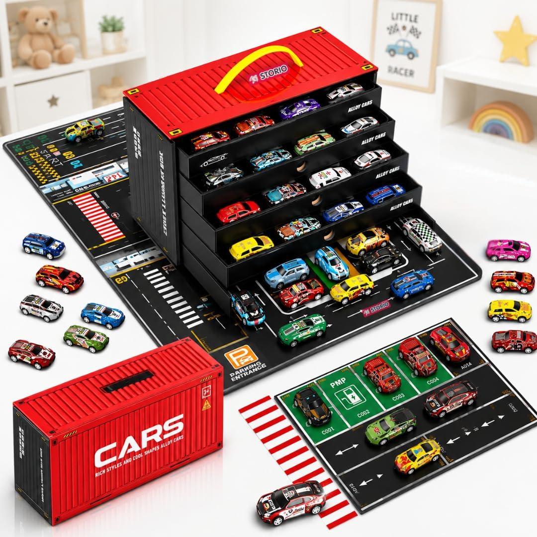 Storio 48 Pull Back Toy Cars Set for Kids with Storage Container & Play Mat, Die Cast Metal Mini Race Cars, Car Carrier Organizer Box, Party Favors for Boys Girls Age 3-8 Years-image-44