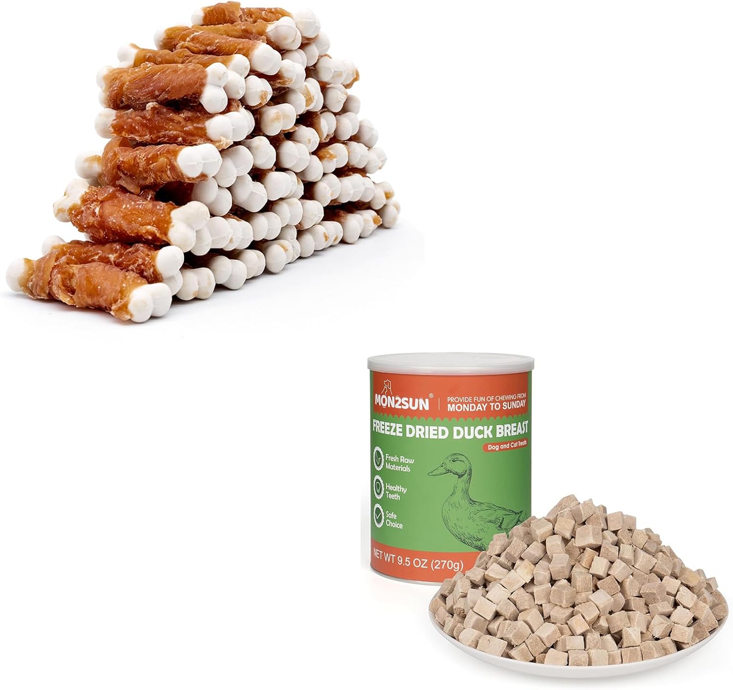 MON2SUN Chicken Wrapped Calcium Dog Bones 56 Count for Puppy and Small Dogs & Freeze Dried Duck 9.5 Ounce for Dogs and Cats