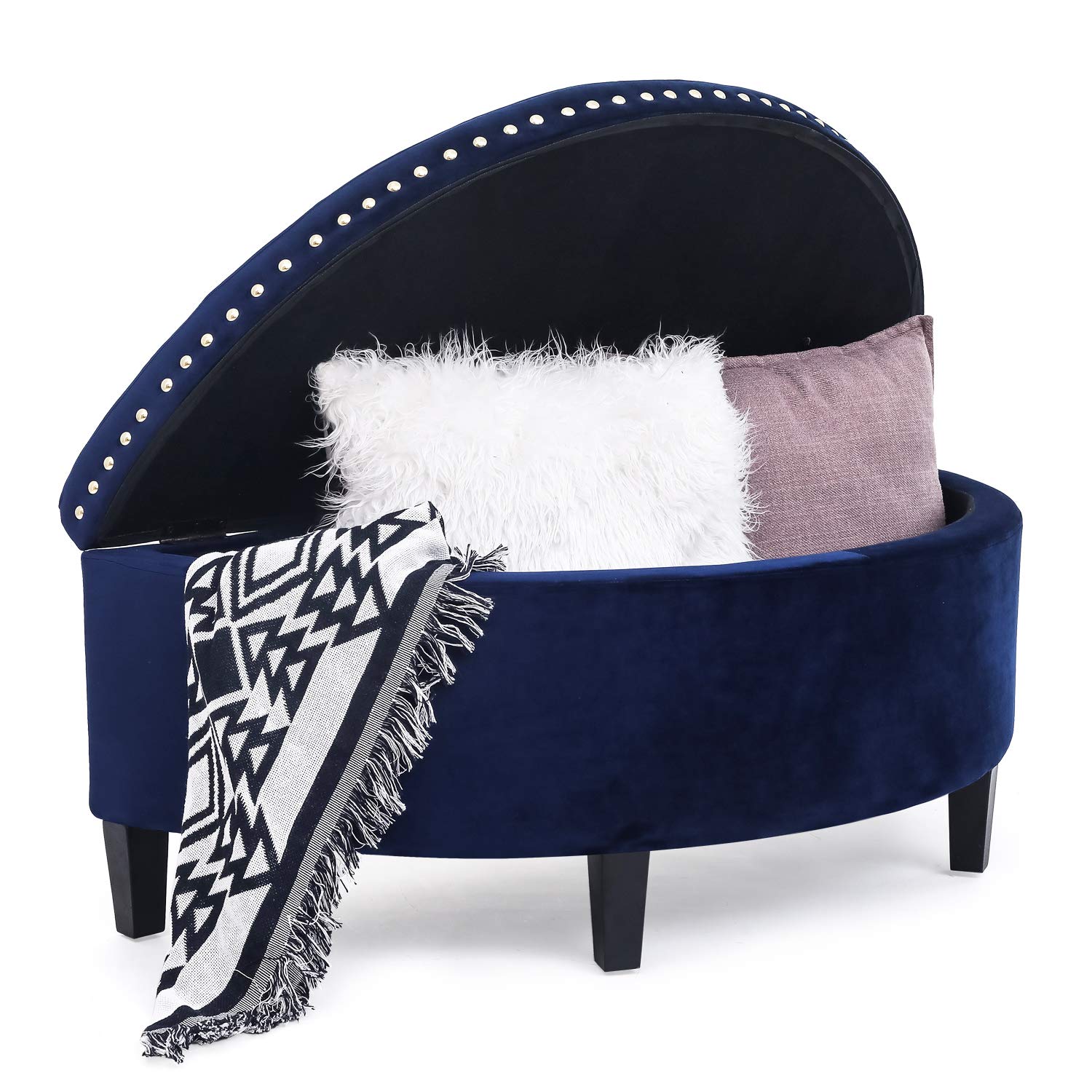HomebeezStorage Ottoman Bench Button-Tufted Velvet Half Moon Bench for Entryway Living Room (Navy Blue)