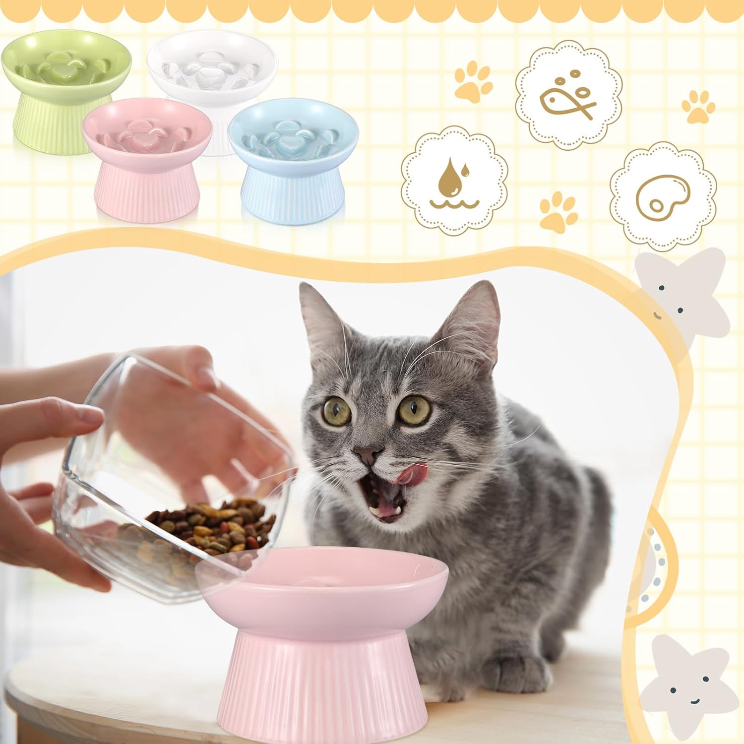 Layhit 2 Pack Raised Slow Feeder Cat Bowls Ceramic Elevated Cat Food Bowls Anti Vomiting Slow Feeder for Dog and Kitten for Dry and Wet Food(Pink, White)