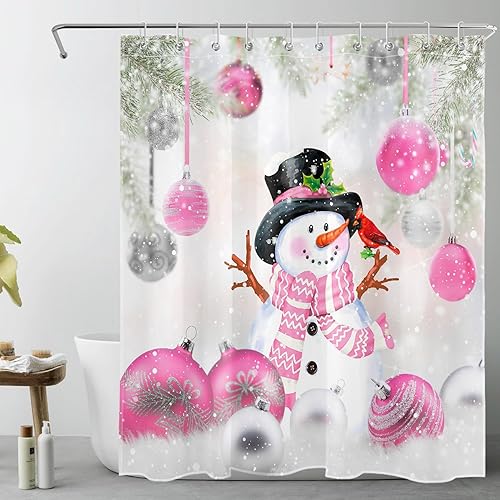 Cortina de ducha de Navidad rosa para baño, bolas de Navidad y muñeco de nieve con cardenal rojo en la nieve, cortina de ducha con 10 ganchos,